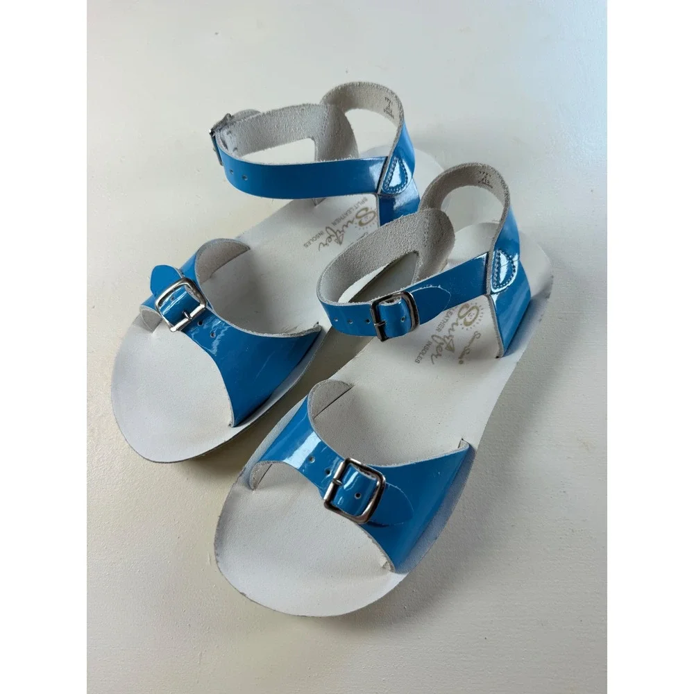 Salt Water Sun-San Surfer Kids Size 2 Blue Y2k Patent Leather Strappy Sandals
